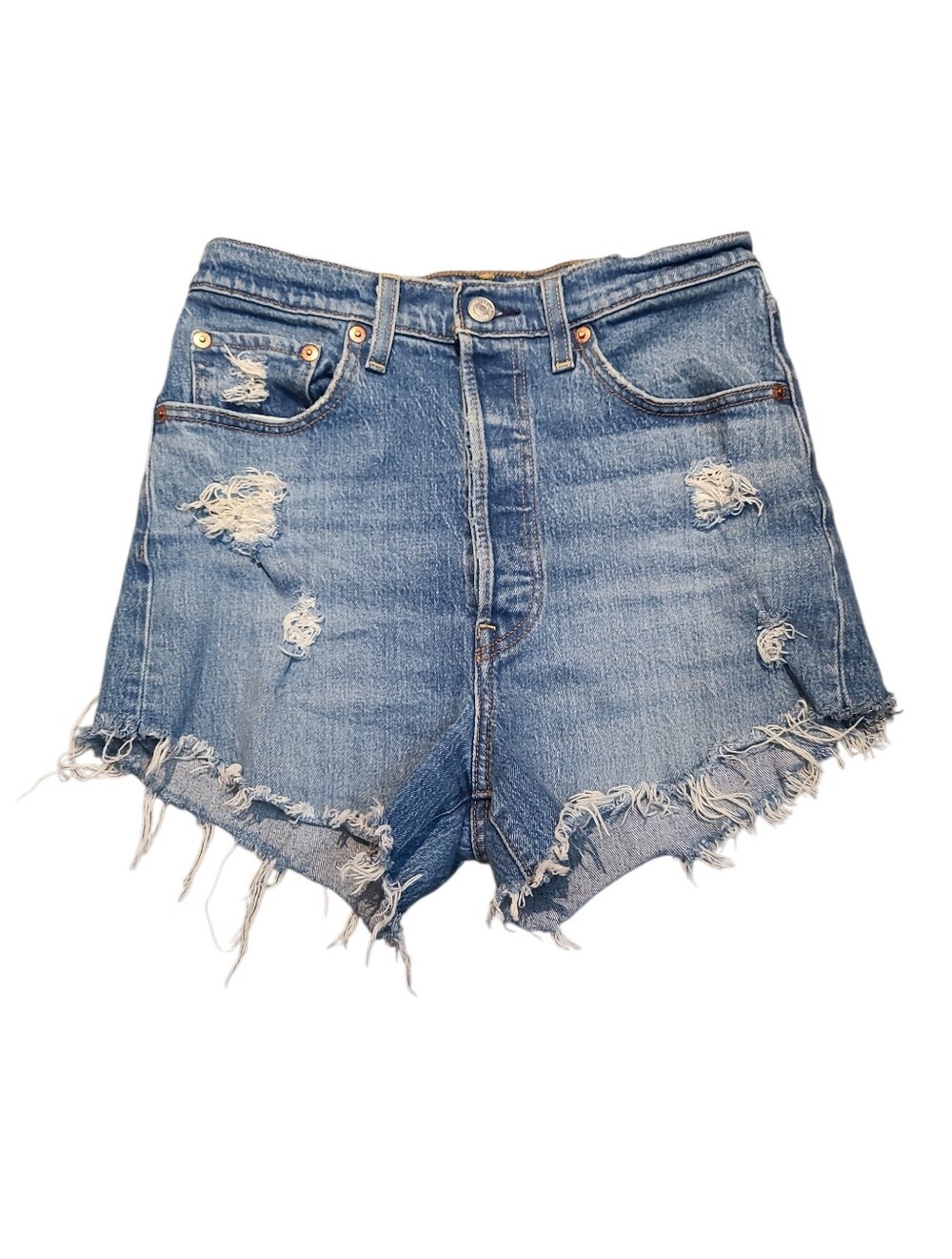 Levi's Ribcage Blue High-Rise Cutoff Distressed Denim Jeans Shorts Womens 28